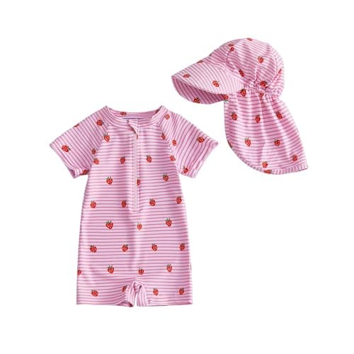 Image of Rannyfol Baby Girl One Piece Swimsuit with Sunhat Strawberry Floral Short Sleeve Zip Up Striped Rash Guard Beach Bathing Suit UPF 50+ Sun Protection Swimwear (Pink, 18-24 Months)