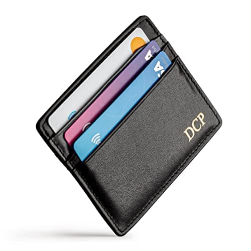 Image of Quve - Leather Card Wallet, Custom Initials Slim Card Holder, RFID Blocking, Minimalistic, Slimline Design, Black, 10cm x 8cm x 3mm