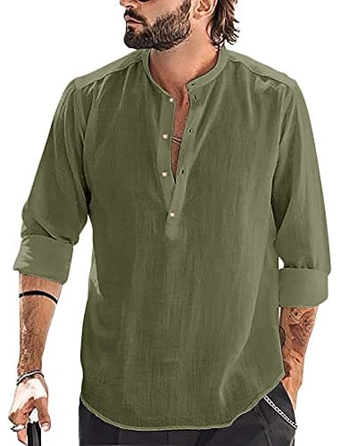 Image of Runcati Men's Cotton Linen Shirt Long Sleeve Shirt Stand-Up Collar Beach Shirt Summer Shirt Elegant Shirts, olive green, XXL