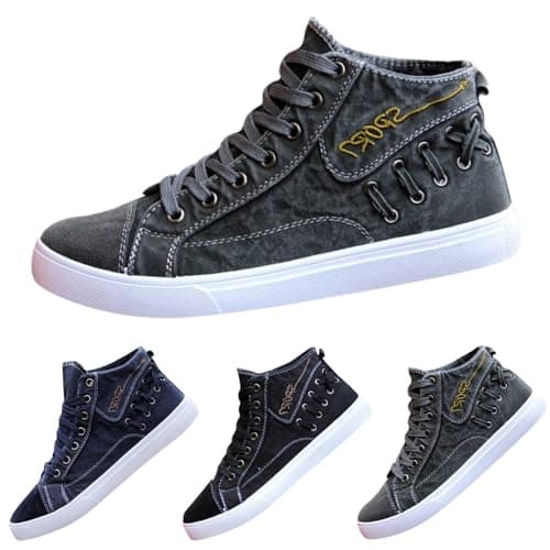 Image of High Top Canvas Trainers Men - Casual Trainers for Men UK Lightweight Comfortable Shoes Versatile Everyday Sneakers Flat Bottom Sport Footwear Non Slip Walking Shoes Wide Fit Outdoor Footwear Blue