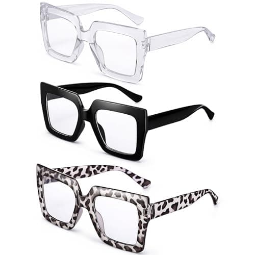 Image of ViEinkaufen 3 Pack Oversized Square Blue Light Glasses for Women, Fashion Thick Square Computer Eyewear Non-Prescription Blue Light Blocking Reading Glasses