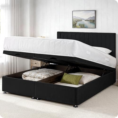 Image of Comfy Deluxe LTD Apollo Ottoman Bed Base - 4FT Small Double, Black | Plush Velvet Divan Storage Bed Frame with 26 Inch Headboard | Gas Lift Foot-End Opening | No Mattress Included | UK Made