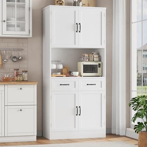 Image of HOCSOK Kitchen Pantry Cupboard, 180 cm Tall Storage Cabinet with Countertop, 4-door Larder Cupboard with 2 Drawers, Kitchen Storage Units, White