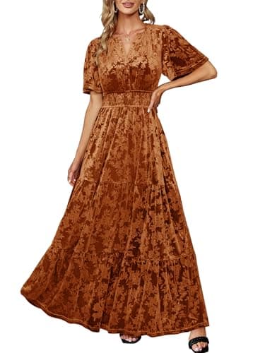 Image of Amegoya Women's Velvet Short Sleeve V Neck Formal Wedding Guest Maxi Dresses Fall Evening Party Long Dresses, T-Orange Velvet, XL