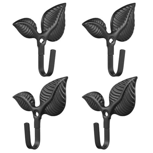 Image of 4Pcs Vintage Leaf Wall Hooks - Decorative Cast Iron Leaf Single Coat Hooks for Hanging Clothes, Towels, Keys & Bags - Rustic Black Wall Mounted Hooks with Screws for Bathroom, Bedroom & Kitchen