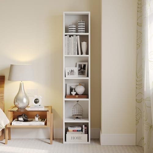 Image of CoziBB Tall Narrow Bookcase 6 Tier, Bookshelf Display Rack, Modern Open Storage Shelves Unit for Living Room, Bedroom, Home Office, 23.5 x 30 x 181 cm, White