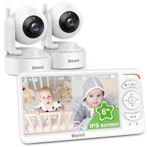 Image of Blemil Baby monitor, Video Baby Monitor with 2 Cameras and Audio, 6 IPS Large Split Screen Remote Pan/Tilt/Zoom Baby Monitor, Video monitor cameras with clear night vision and 30hours battery Life