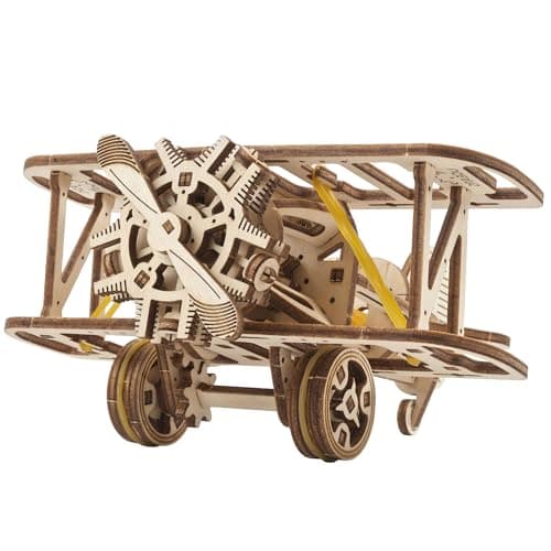 Image of UGEARS Mini Biplane 3D Puzzle - Airplane Wooden Model Kits for Adults to Build for Beginners - Pull-Back Rubber Band Motor Aircraft - 3D Wooden Puzzles for Adults Vintage Aviation DIY Kit