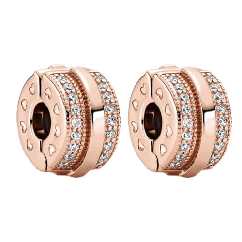 Image of Amuefer 2 Pieces Rose Gold Sparkling Stud Line Clip Charms for Bracelets Dangle 925 Sterling Silver Pendant for Necklaces Valentine's Day Birthday Christmas Jewelry Gifts for Women Friends