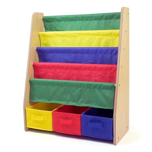 Image of Humble Crew Children’s & Toddler Wooden Bookshelf - 4 Tier Kids Book Storage with Forward Facing Display, Deep Fabric Pockets & 3 Collapsible Bins - Natural Wood/Red/Blue/Green/Yellow