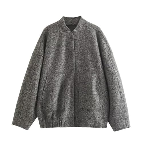 Image of Tiwate Women's Fleece Bomber Jacket with Pockets Long Sleeve Wool Blend Casual Jackets Solid Color Oversized Outwear (grey,M)