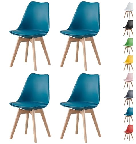 Image of MOF Dining Chairs Set of 4 – Modern Faux Leather Dining Room Chairs with Wooden Legs, Padded Seat & Curved Backrest – Easy to Clean Chair for Lounge, Kitchen, Office - Stylish DELUXE Retro EVA (TEAL)