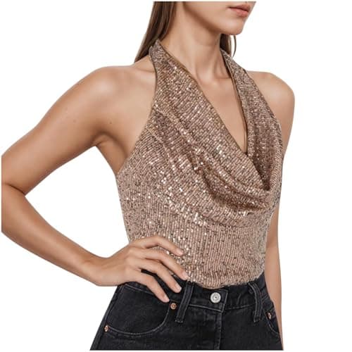 Image of Sequin Tank Tops for Women 2025, Cowl Neck Draped Ruched Front Sleeveless Open Back Glitter Party Shirts Holiday Tops Halter Vest Shirts Summer Going Out Camisole Blouses Ladies Evening Cami Gold