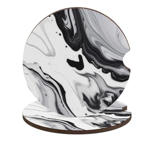 Image of Black and White Paint Mixed Car Coasters for Cup Holders 2 Pack Car Cup Holder Coasters for Cars Wood Absorbent Cars Coaster with A Finger Notch Auto Interior Accessories for Women Men