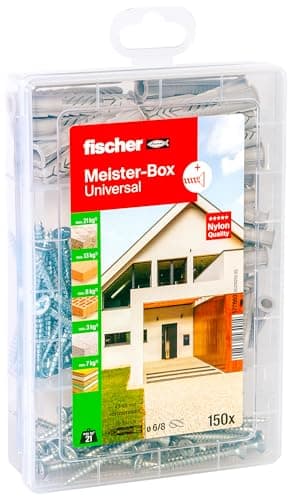 Image of Fischer Meister-Box Universal 150-Piece Dowel and Screw Set, 6-8 mm Diameter, 35-50 mm Length, for DIY and Professionals, Ideal for The Whole House, Universal Dowel UX with Rim