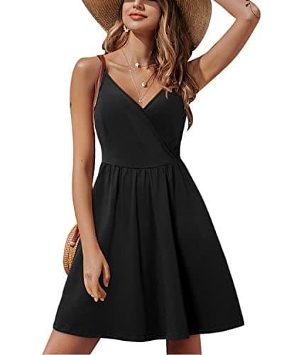 Image of STYLEWORD Women's V Neck Spaghetti Strap Summer Dress Skater Casual Dress Swing Midi Sundress with Pockets(B1-black-429,L)