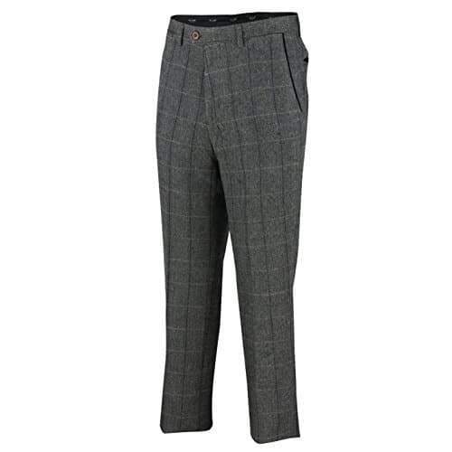 Image of Xposed Mens Retro Tweed Checks Trousers 1920s Herringbone Tailored Fit Tailored Fit Pants Oak Brown, Grey [TRS-ELTON-E1-BLACK-34]