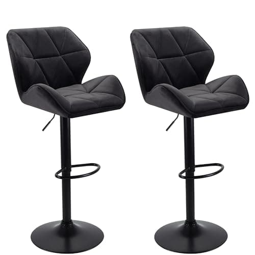 Image of WangPangzi Set of 2 Velvet Bar Stools, Adjustable High Barstool with Footrest, Counter Chairs for Kitchen Islands/Home Bar, Swivel Gas Lift/Steel Base(All Black)