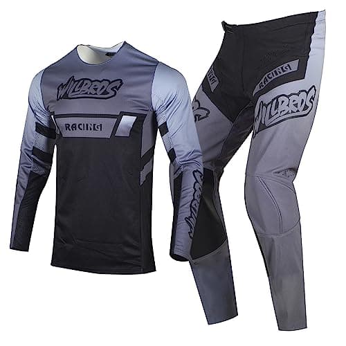 Image of Willbros Motocross Jersey and Pants Combo MX Dirt Bike Gear Set Racewear Offroad Adult Black Grey (Jersey XL Pants 36)