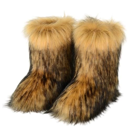 Image of Furry Faux Fur Boots for Women Colourful Winter Warm Soft Plush Snow Boots Fuzzy Fluffy Round Toe Suede Flat Shoes Outdoor Indoor Mid-Calf Boot Brown