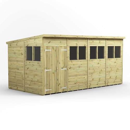 Image of Powersheds High Grade Premium Pressure Treated Pent Double Door Shed Garden Wooden Shed with Heavy Duty Frame, Door & Window Flexibility made from Extra Thick Timber & Toughened Glass (16x8)