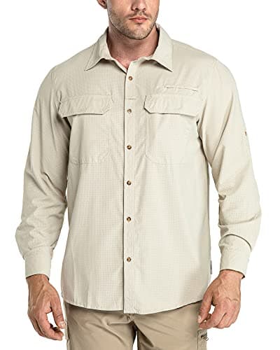 Image of 33,000ft Men's Long Sleeve Shirts UV Protection Safari Button-Down Shirt Breathable Wicking Quick Drying Outdoor Top with Pockets for Hiking Fishing Golfing,Khaki S