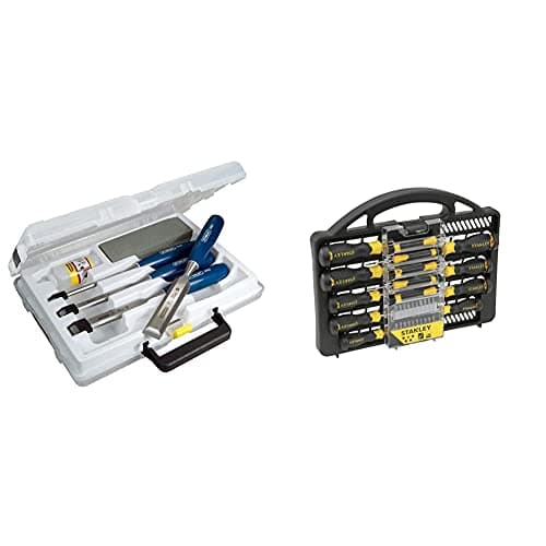 Image of STANLEY 4 Piece Chisel Set Includes 6 12 18 25 mm High Carbon Steel Blade Chisels with Sharpening Stone and Oil 0-16-130 & - STANLEY Screwdriver Set 34 pcs - STHT0-62141