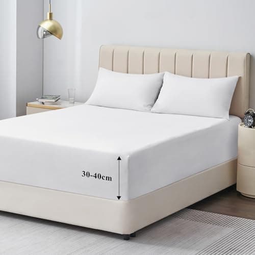 Image of Aisbo King Size Fitted Sheet White - Extra Deep Pocket Bed Sheet 16 inch 40 cm - Microfiber Bottom Sheet, 150x200cm