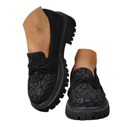 Image of Loafers Shoes for Women,Orthopedic Platform Loafers,Women's Loafer & Moccasins,Leather Bow Platform Comfortable Chunky Lug Sole Slip on Dressy Business Shoes Round Toe Office Walking Footwear B Black
