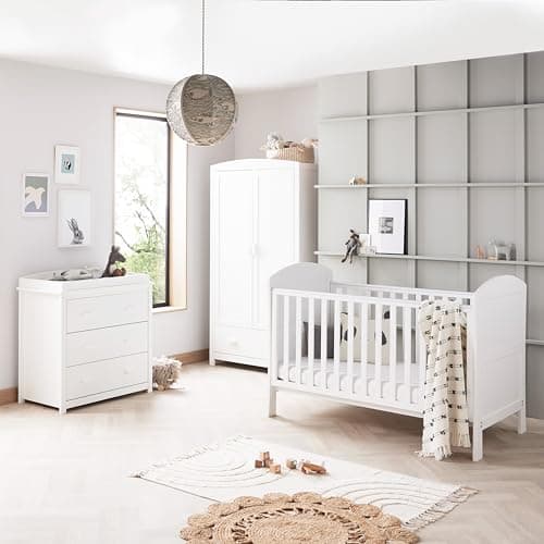 Image of Babymore Aston 3 Piece Nursery Room Set White - 1 Baby Cot Bed & One 2 Door Wardrobe Having Full Size Drawer & 1 Chest Changer, Wooden Chest Of Drawer Storage Cabinet | 3 Piece Aston Room Furniture