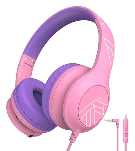 Image of PowerLocus Kids Headphones, Kids Headphones Wired with Microphone, 85/94dB Safe Volume Limit, Over Ear, 3.5mm Jack, Music Sharing Function, Foldable Childrens Headphone for School/Tablet/Travel, Pink