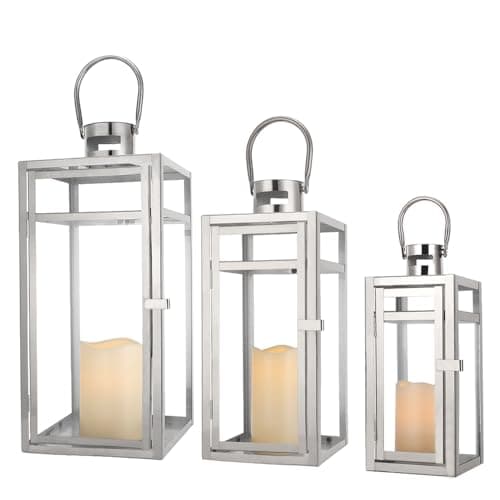 Image of TRIROCKS Stainless Steel Decorative Lantern with Handle Set of 3 Large Hanging Holder 48cm&38cm&30cm High with Clear Glass Panels for Home Decor Living Room Wedding Parties Garden Outdoor (Silver)