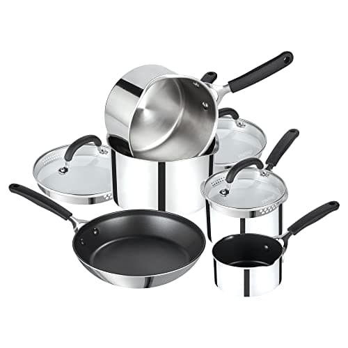 Image of Prestige Made To Last Stainless Steel Pan Set Non Stick - 5 Piece Induction Pan Set with Frying Pan, Milk Pan & Set of 3 Saucepans with Straining Lids, Durable Dishwasher Safe Cookware