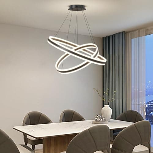 Image of SHINELUX LED Modern Pendant Chandelier, 2 Ring Circular Black Ceiling Light Fixture, Dimmable 3000K-6500K Hanging Light Flush Mount Lamp for Dining Room, Kitchen Island, Living Room, Office