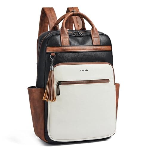 Image of Shrrie Laptop Backpack for Women 15.6 inch Travel Leather Backpack Purse Work Computer Backpacks for Business College Black With Brown and White