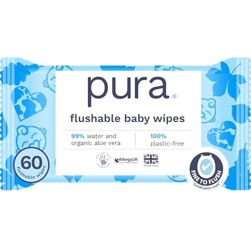 Image of Pura Eco Flushable Baby Wipes - 1 Pack (60 Wipes) 100% Plastic Free, 99% Water, Suitable for Sensitive, Eczema Prone Skin, Newborn Baby & Toddlers, Biodegradable, Vegan, Potty Training