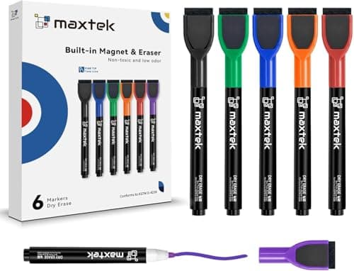 Image of maxtek Magnetic Whiteboard Pens Markers, 6 Colours Fine Tip White Board Markers Erasable with Eraser for Kids, Low Odour Thin Dry Wipe Pens for Whiteboard (Pack of 6)