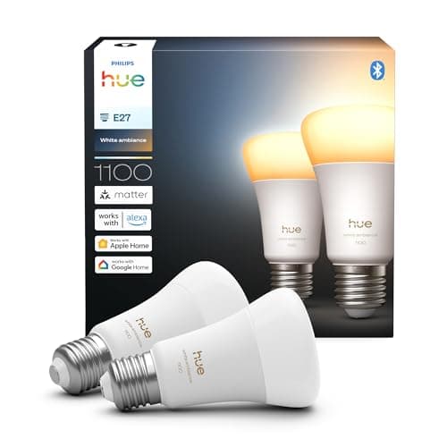 Image of Philips Hue Smart LED A60 Bulb, White Ambiance, E27 Base, 8.1W, Full Spectrum Light 1000K-20000K, 1100 Lumens, Dimmable, Works with Alexa, Google Assistant, and Apple Home, 2 Pack