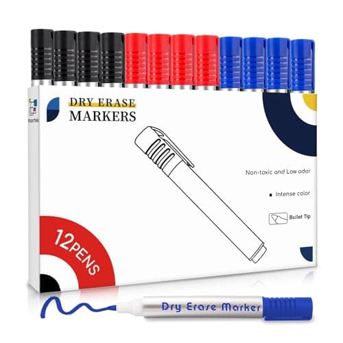 Image of maxtek Whiteboard Pens, 12pcs Whiteboard Markers 3 Assorted Colours Black Blue Red Dry Erase Pens for Office, Schools, Home, Bullet Tip Dry Wipe Pens