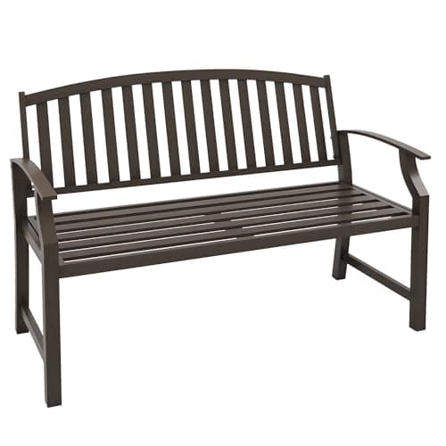 Image of Outsunny Garden Bench, Outdoor Metal Bench with Slatted Seat and Backrest, Curved Armrest, for Conservatory, Garden, Poolside, Deck, Brown