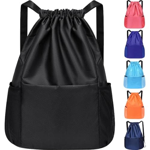 Image of InfiniZer Sports Drawstring Bags Waterproof Swimming Bag for Kids Adults Unisex Large Capacity Foldable Gym Bag for Swimming Gym School Travel Hiking (Black)