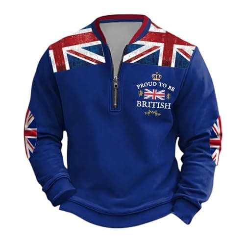 Image of DFEK England Flags Sweatshirt Men Union Jack Quarter Zip Pullover Tops British Flag Print Long Sleeve Blouse Sizes S-5XL(Blue,L)