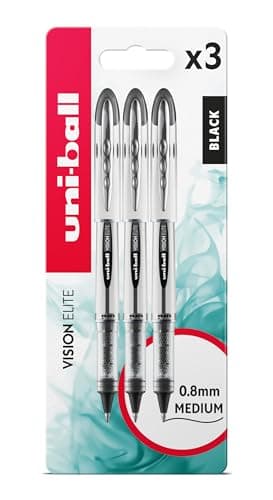 Image of uni-ball UB-200 Vision Elite Rollerball Pens. Premium Medium 0.8mm Ballpoint Tip for Super Smooth Handwriting, Drawing, Art, and Colouring. Fade and Water Resistant Liquid Uni Super Ink. 3 Pack Black