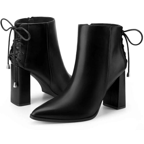 Image of Perphy Pointed Toe Back Lace Up Chunky Heel Ankle Boots for Women Black 6 UK/Label Size 8 US