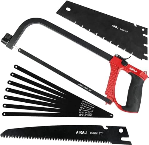 Image of AIRAJ Hacksaw Set, Multifunctional Hacksaw with 7 Extra Steel Saw Blades and 2 Hand Saw Blades, Adjustable Frame, Hacksaw Frame for Cutting Metal Wood PVC Pipe