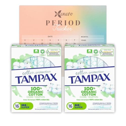 Image of 100% Organic Cotton Core Tampons – Super Absorbency, Chlorine-Free, Plant-Based Applicator – 16 Count x Bundle of 2 (Total 32 Tampons) with Period Tracker