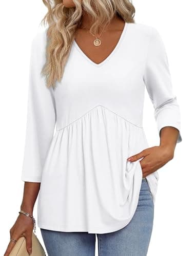 Image of Aokosor Ladies Tops 3/4 Sleeve V Neck Shirts for Women UK Babydoll Pleated Blouses Spring Casual Tunics Work Wear White Plus Size 22-24