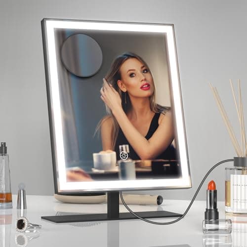 Image of Amdelne LED Makeup Mirror, Dimmable Vanity Mirror with Lights, 3 Lighting Modes, 10x Magnifying, Touch Control, Adjustable Black Mirrors for Dressing Table, 25 x 34cm, USB-C Powered (Adapter Incl.)