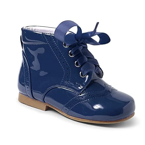 Image of GIRLS CHILD SPANISH STYLE ANKLE BOOTS SHINY PATENT BROGUE RIBBON LACE UP (Navy, uk_footwear_size_system, little_kid, women, numeric, medium, numeric_5)