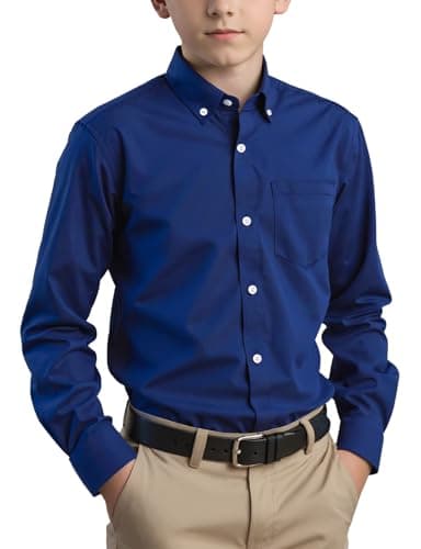 Image of Spring&Gege Boys Long Sleeve Uniform Cotton Twill Button Down Shirt for Children Royal Blue Size 13-14 Years